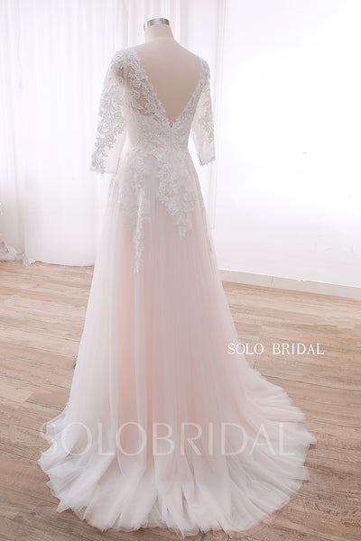 20240428D Ivory Pink Short Sleeve Sweep train Small A Line Wedding Gown