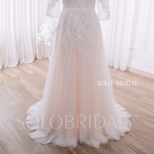 20240428D Ivory Pink Short Sleeve Sweep train Small A Line Wedding Gown