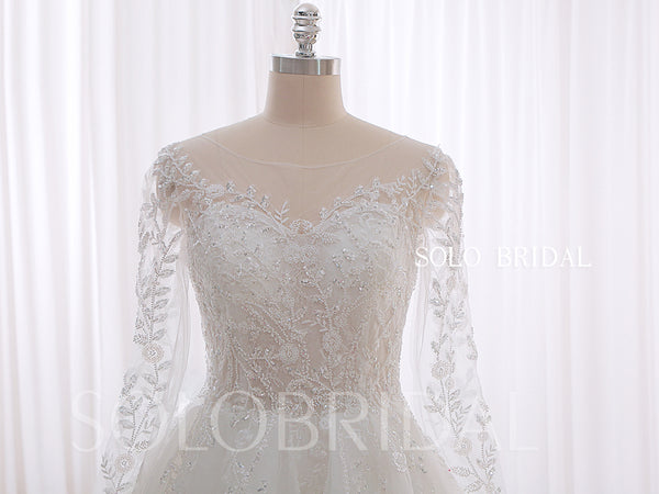 20240530A Ivory sparkly beaded Lace Long Sleeve Long Train Wedding Dress