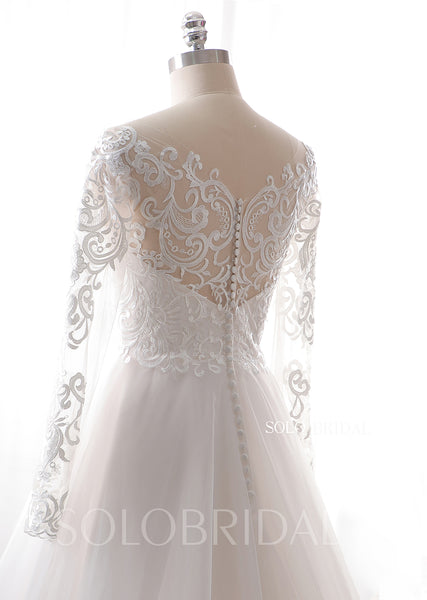 20240612B Ivory Long Sleeves Illusion Top A Line Wedding Dress