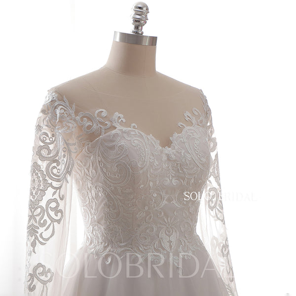 20240612B Ivory Long Sleeves Illusion Top A Line Wedding Dress