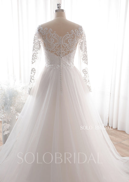 20240612B Ivory Long Sleeves Illusion Top A Line Wedding Dress