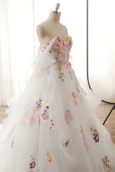 Ivory Floral Off Shoulder A Line Wedding Dress 2024072602