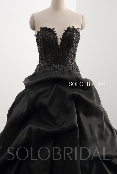 Black satin heavy beading Ruffle Skirt Ball Gown Dress 20241022B