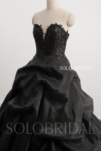 Black satin heavy beading Ruffle Skirt Ball Gown Dress 20241022B