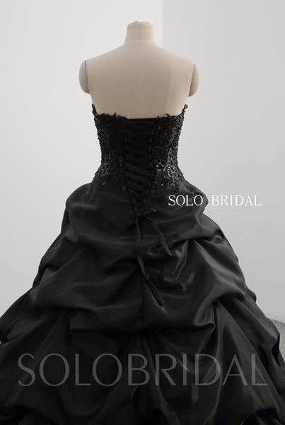 Black satin heavy beading Ruffle Skirt Ball Gown Dress 20241022B