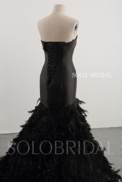 Black Mermaid feather satin Wedding dress 20241022C