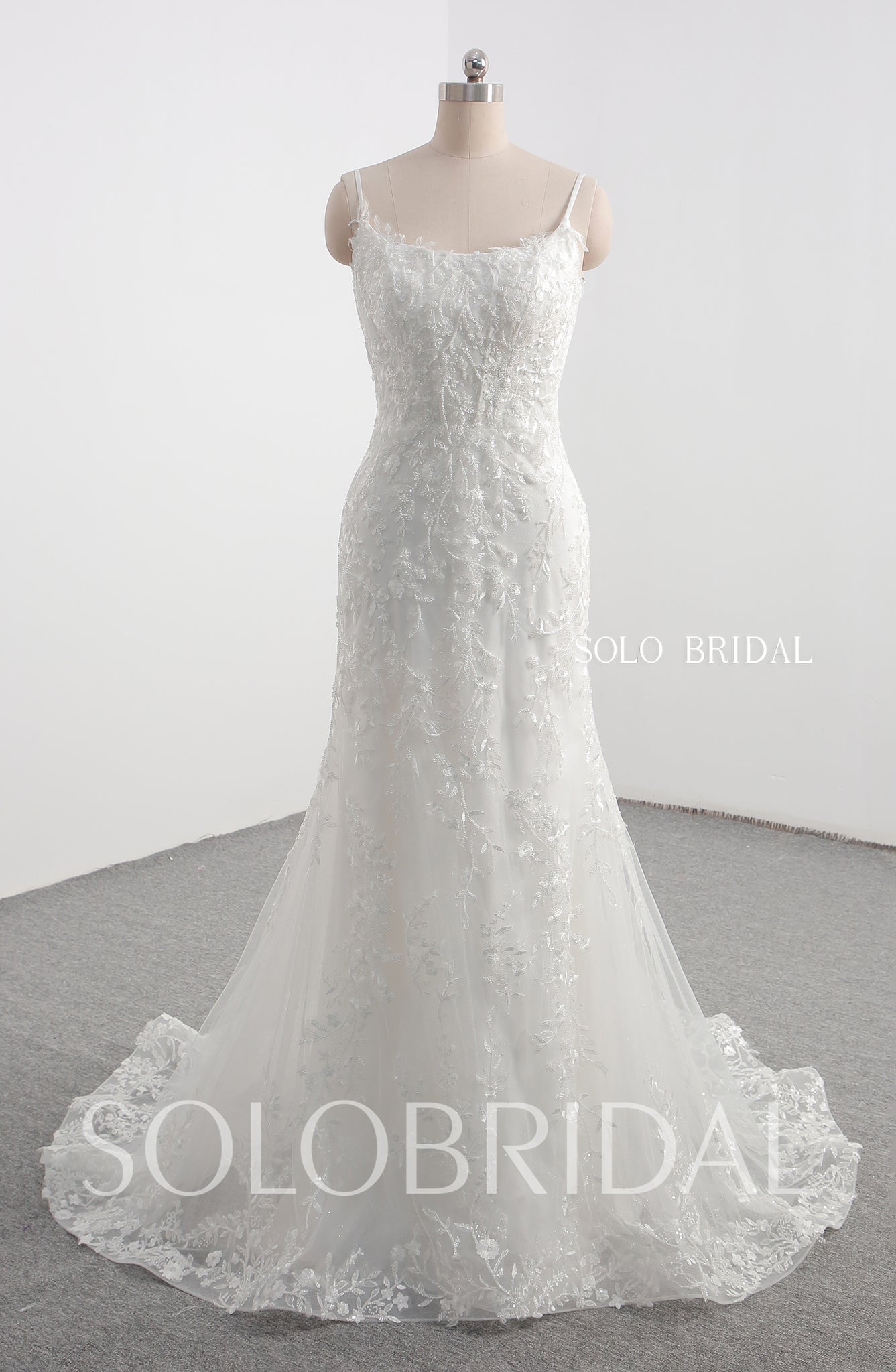 Ivory square neck fit and flare wedding dress with beaded lace 20241207A