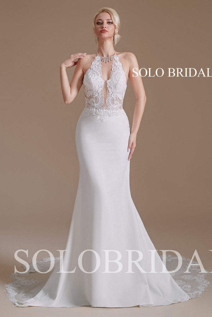 Ivory Halter Sexy Backless Crepe Lace Train Wedding Dress - 2110651 –  SoloBridal