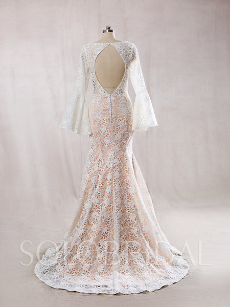 Ivory Lace with Blush Lining Wedding dress and Long Bell Sleeves Mermaid Shape