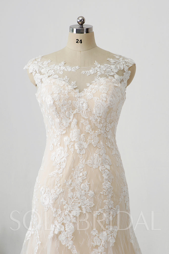 Solobridal - Champagne Lining Overlayed with Ivory Lace Wedding Dress with  Court Train – SoloBridal