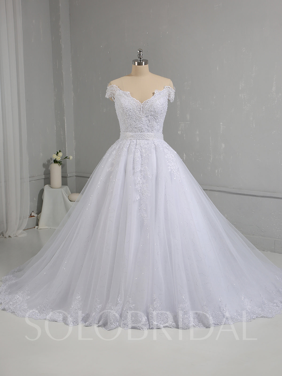 Solobridal - White Sparkling Tulle Skirt Off Shoulder Wedding Dress ...